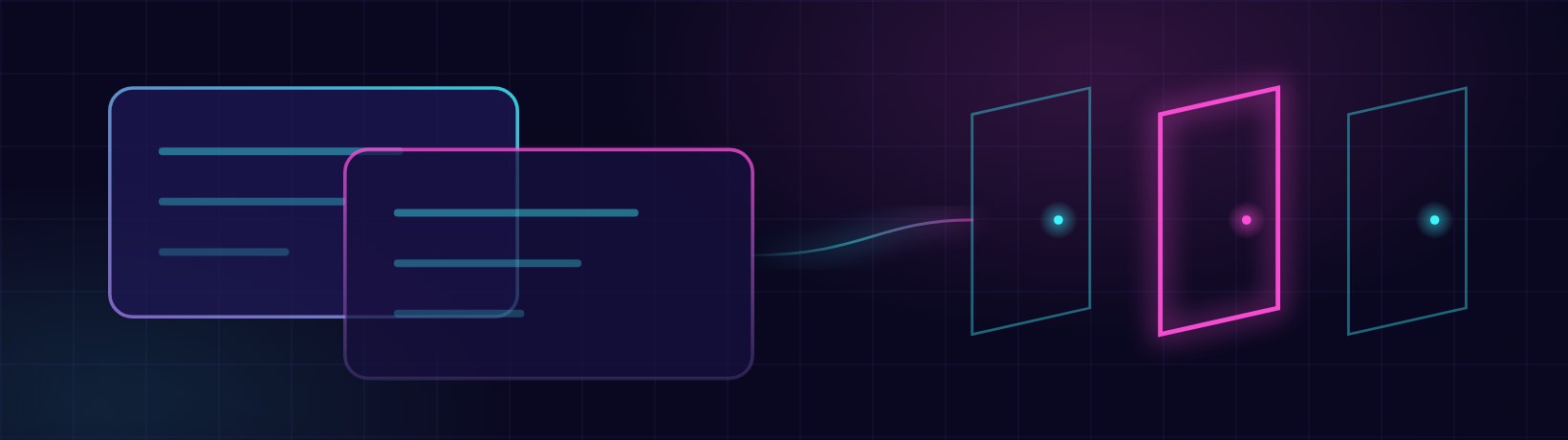 Abstract diagram: two overlapping panels on the left, three door shapes on the right with the middle one lit