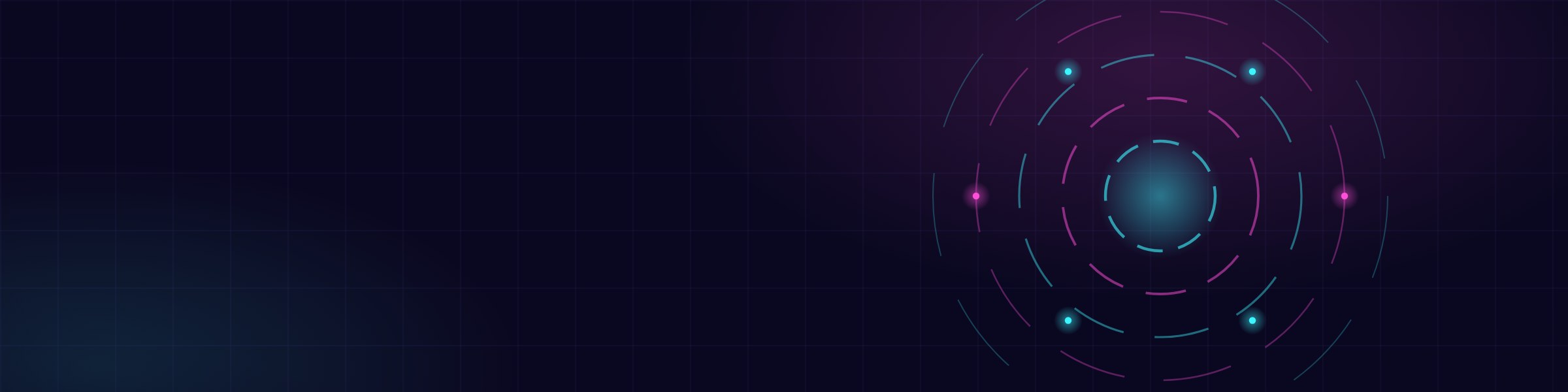Abstract diagram in the site palette: dashed rings around a bright core with glowing nodes on the outer ring