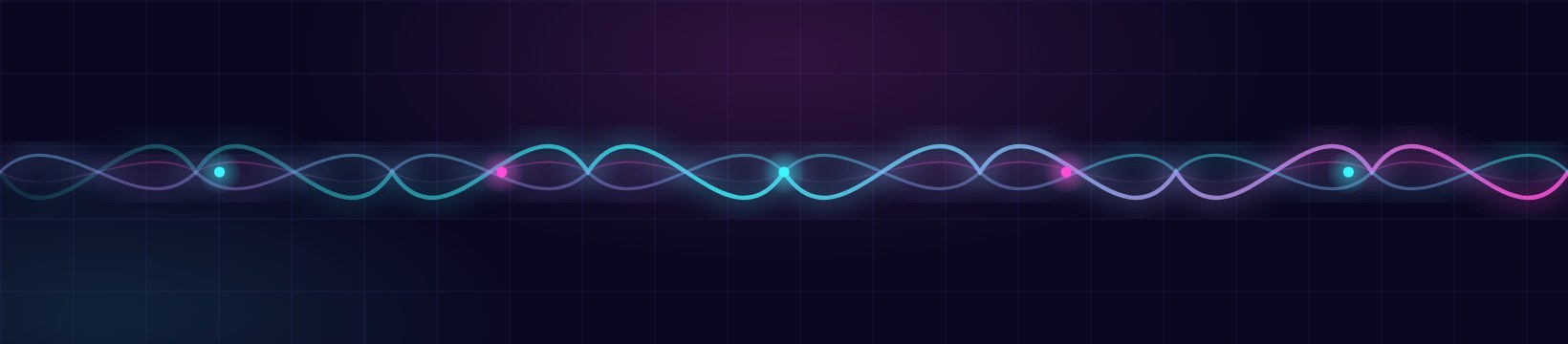 Abstract diagram: three waves of different amplitude running across the frame with bright points on the middle line