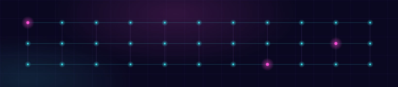 Abstract diagram: a dense lattice of nodes and connecting lines with a few of them lit